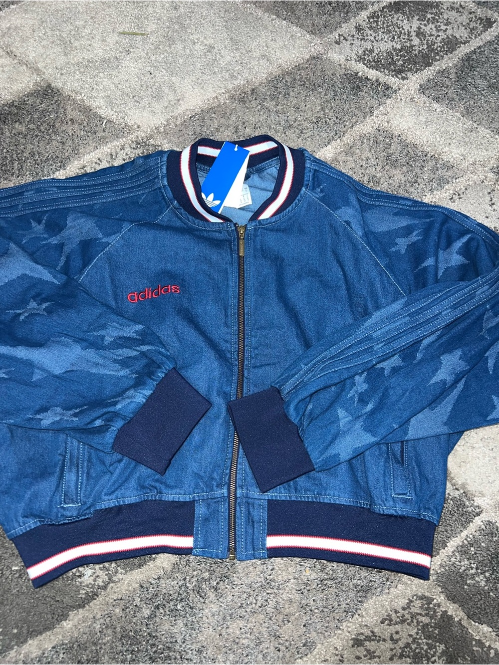 adidas Originals SST Denim Graphic Varsity Bomber Jacket XL blue denim
